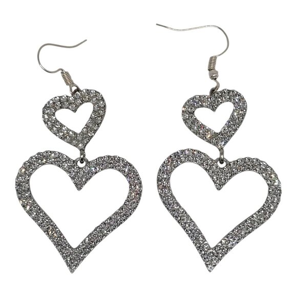 None Jewelry - Sparkling Crystal Double Heart Drop Earrings Vintage Style Silver-Tone Openwork